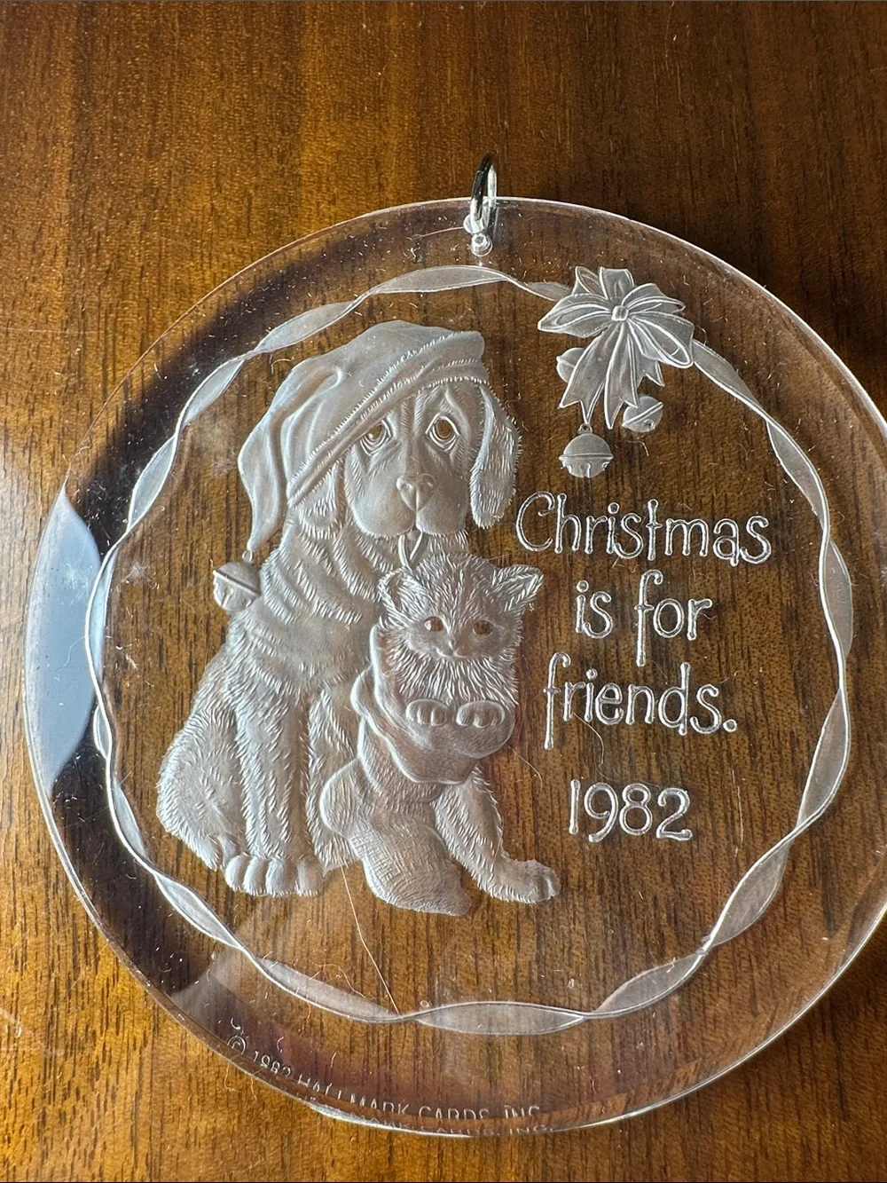 Two vintage 80s clear plastic ornaments  Hallmark & Santa Face